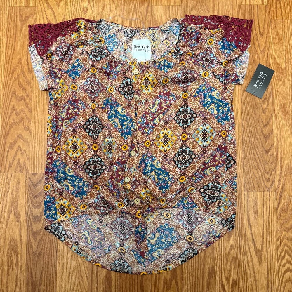 NWT New York Laundry Burgundy Multi Print Blouse Button Front Boho Top Size L